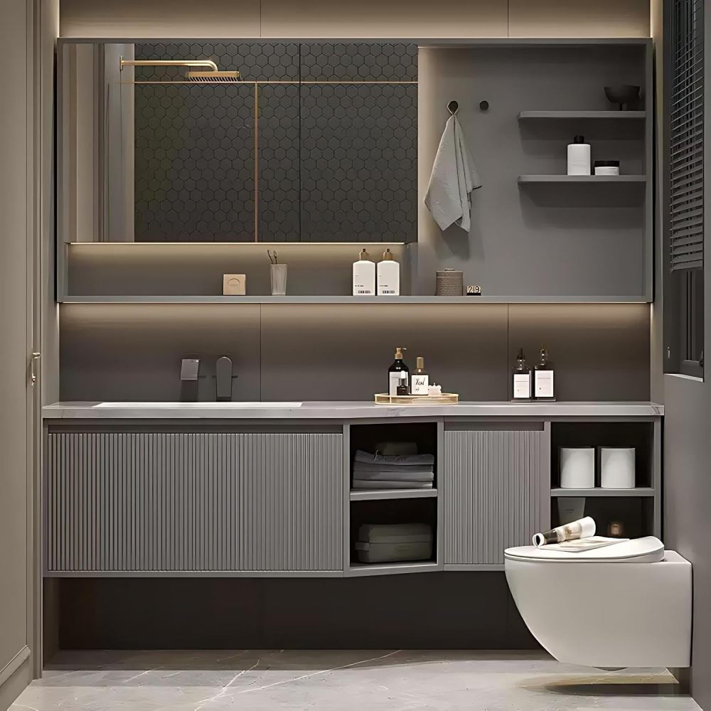 104IN Bathroom Vanity with Sink - Floating Vanity with Motion Sensor Light, Bathroom Sink Cabinet, Intelligent Defogging, Multilayer Solid Wood, Custom Size - Complete Accessories Grey