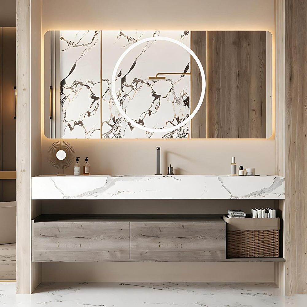 40IN Bathroom Vanity with Sink - Bathroom Vanity with Intelligent Defogging Mirror, Single Floating Sink Design, Multi-Layer Solid Wood, Large Drawer Storage, Customizable Size, Mirror