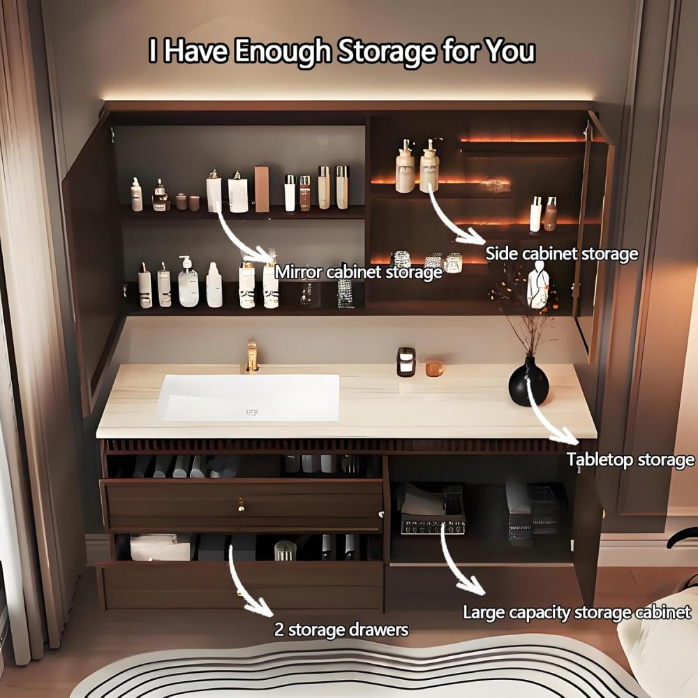 66IN Bathroom Vanity with Sink - Freestanding Single Floating Sink Design, Bathroom Vanity Cabinet with Smart Defog Mirror & Storage Solution,Solid Wood - Easy to Install, Brown