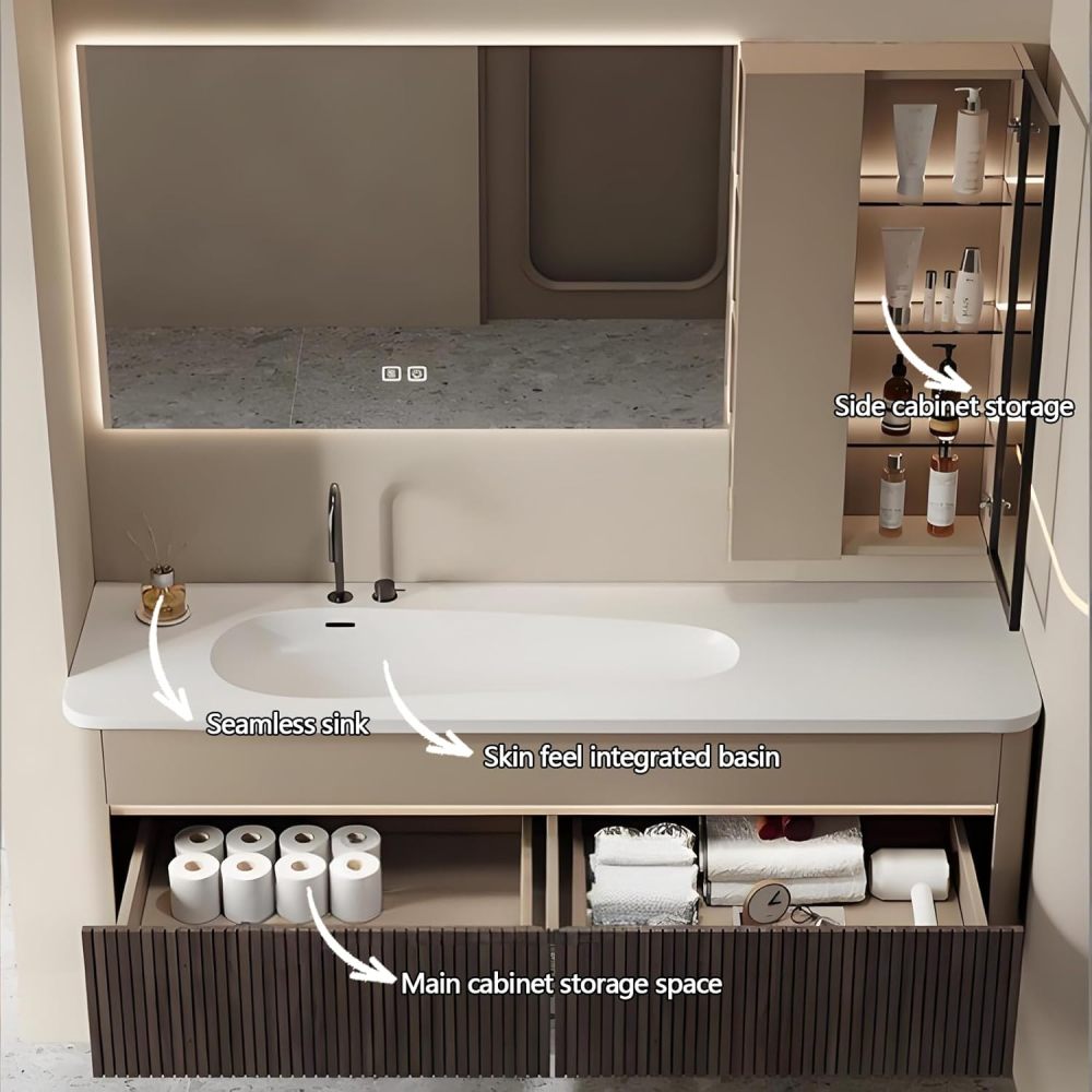 84IN Bathroom Vanity with Sink - Farmhouse Solid Wood Bathroom Sink Cabinet, Floating Vanity with Smart Defogger Mirror & Seamless Sink, Ample Storage - Easy to Install, Brown