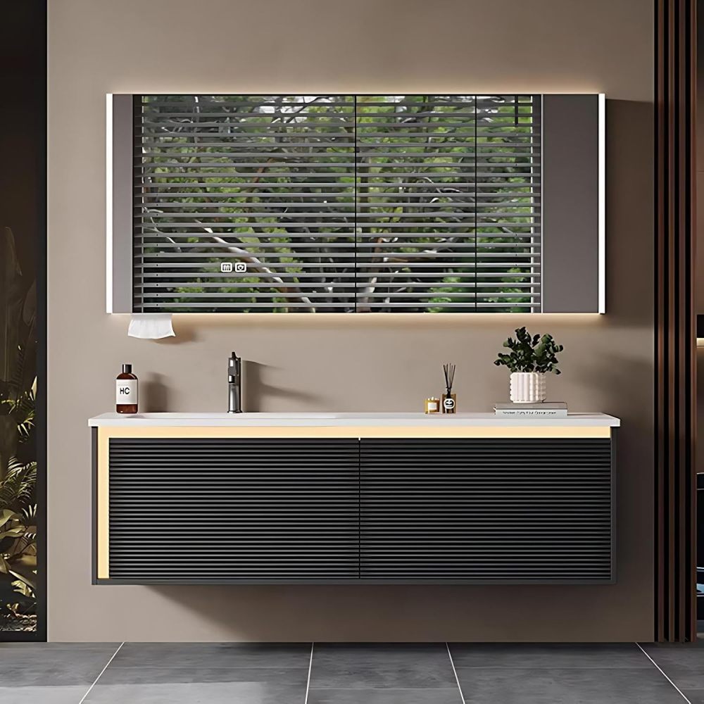52IN Bathroom Vanity with Sink - Bathroom Vanity with Anti-Fog Mirror Cabinet, One-Touch Defog & Lighting, Floating Sink Cabinet with 2 Drawers, No Assembly Required, Black
