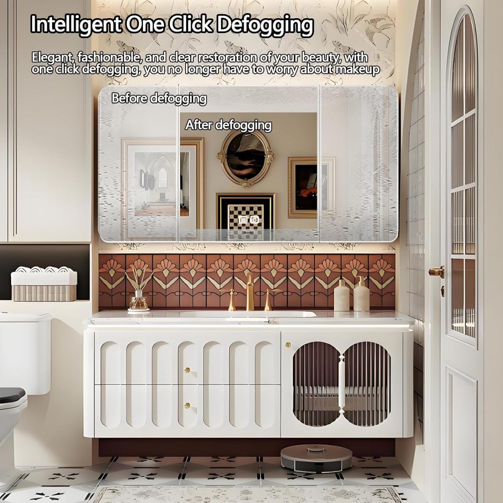 86IN Bathroom Vanity with Sink - Minimalist Single Floating Sink Cabinet, Bathroom Vanity Cabinet with Smart Defogger Mirror & Seamless Sink, Multilayer Solid Wood - Easy to Install, White