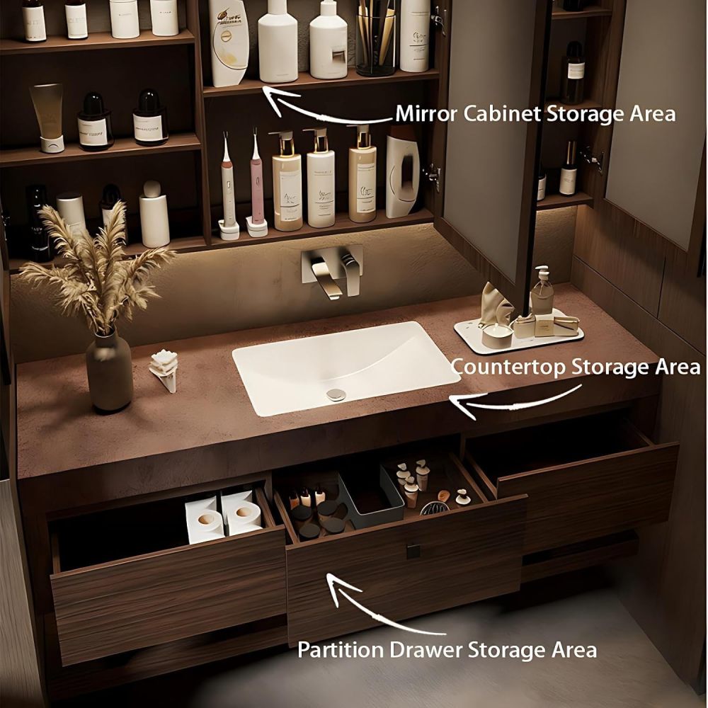 62IN Bathroom Vanity with Sink - Bathroom Vanity Cabinet with Smart Defog Mirror, Single Floating Sink Design, Convenient Storage, Multi-Layer Solid Wood - Complete Accessories, Brown