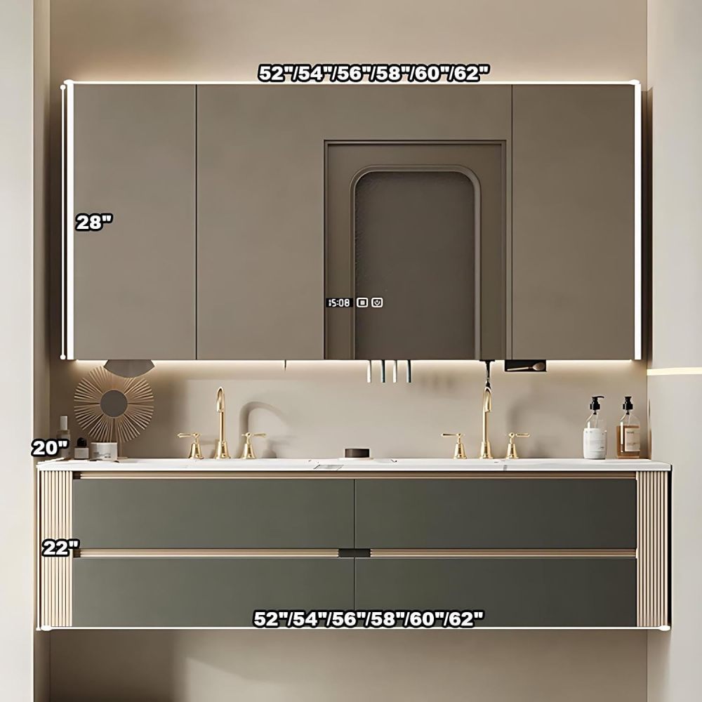 62IN Modern Bathroom Vanity with Sink - Double Floating Sink Design, Wall-Mounted Bathroom Vanity Cabinet with Intelligent Defogging Mirror, Solid Wood - Customizable Size, Mirror Cabinet