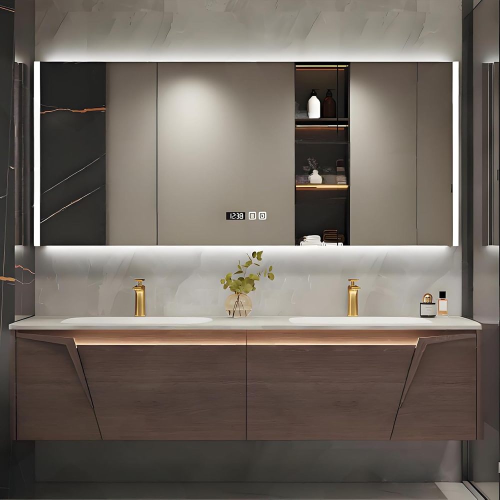Bathroom Vanity with Sink - Solid Wood Double Floating Sink Design, Bathroom Vanity Cabinet with Smart Defogging Mirror & Storage, Burning Stone Sink - Easy to Install