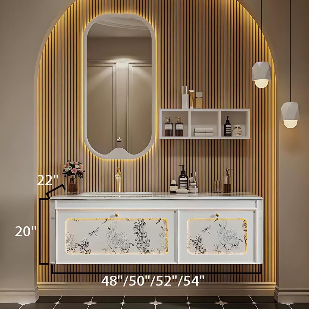 54IN Bathroom Vanity with Sink - Wall-Mounted Bathroom Sink Cabinet with Motion Sensor Light, Smart Anti-Fog Mirror, Water Proof, Customizable Size - Complete Accessories, White