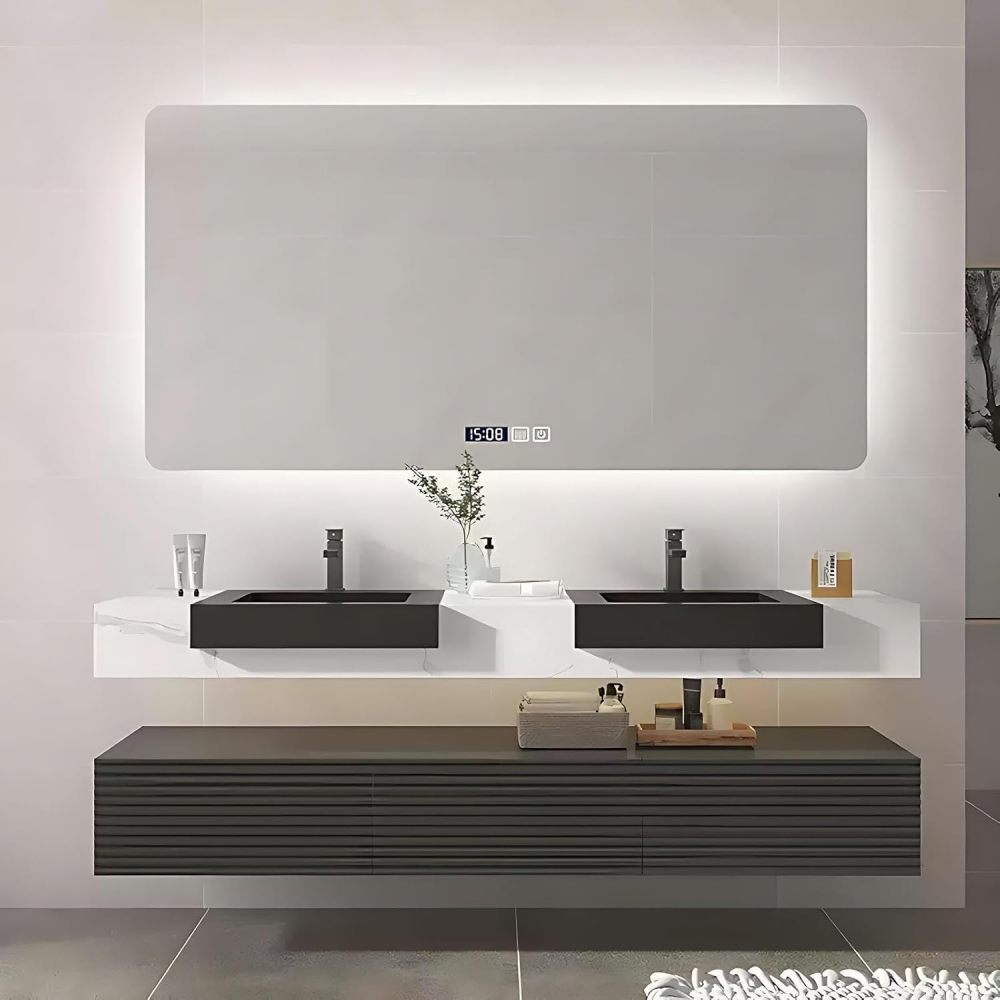 68IN Bathroom Vanity with Sink - Modern Bathroom Sink Cabinet with Drawers &Smart Defog Mirror, Double Floating Sink Design, Multi-Layer Solid Wood - Complete Accessories, Mirror