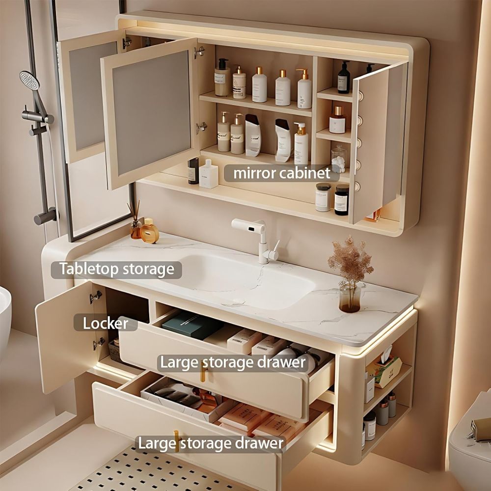 48IN Bathroom Vanity with Sink - Bathroom Sink Cabinet with Motion Sensor Lighting, Single|Double Floating Sink Design, Intelligent Defogging, Waterproof - Complete Accessories, Single Sink
