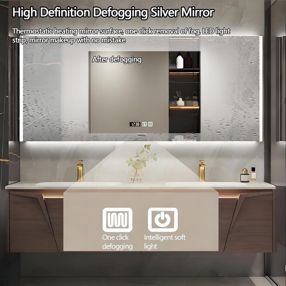 Bathroom Vanity with Sink - Solid Wood Double Floating Sink Design, Bathroom Vanity Cabinet with Smart Defogging Mirror & Storage, Burning Stone Sink - Easy to Install