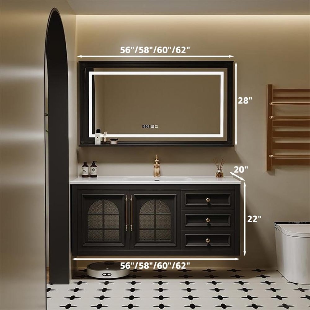 62IN kmnub Modern Solid Wood Bathroom Vanity with Sink - Stylish Bathroom Vanity Cabinet with Smart Anti-Fog Mirror, Spacious Storage & Customizable Sizes for Bathroom Renovation, WHITE MIRROR CABINET