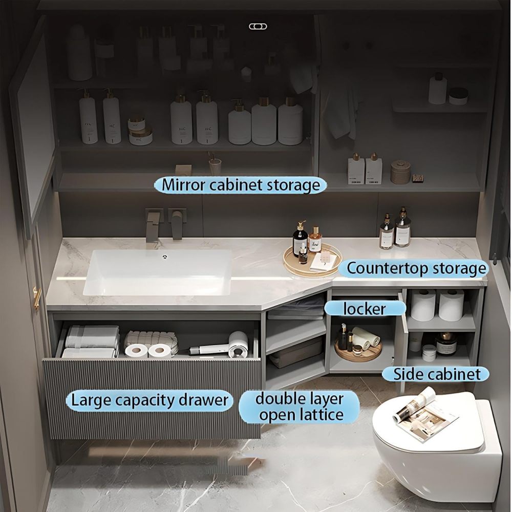 104IN Bathroom Vanity with Sink - Floating Vanity with Motion Sensor Light, Bathroom Sink Cabinet, Intelligent Defogging, Multilayer Solid Wood, Custom Size - Complete Accessories Grey