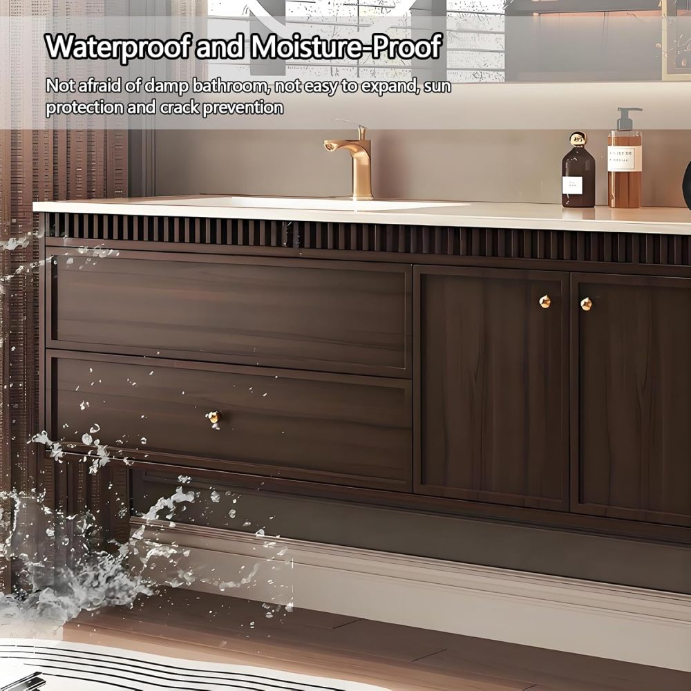 66IN Bathroom Vanity with Sink - Freestanding Single Floating Sink Design, Bathroom Vanity Cabinet with Smart Defog Mirror & Storage Solution,Solid Wood - Easy to Install, Brown