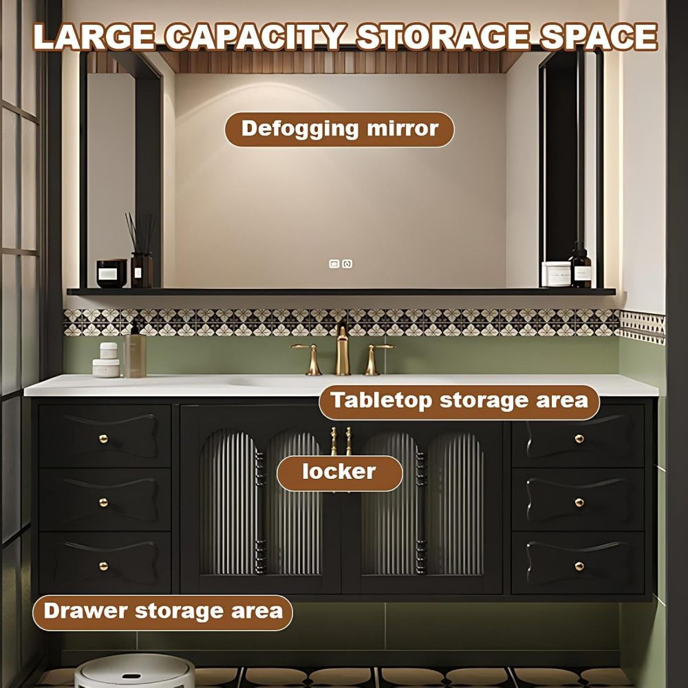 92IN Luxury Bathroom Vanity with Sink - Solid Wood Bathroom Vanity Cabinet, Intelligent Defogging Mirror, Single Sink, Silent Buffer Hinge, Seamless Design, Customizable Size, Mirror B