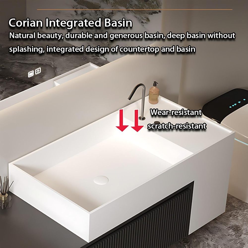 60IN Bathroom Vanity with Sink - Wall-Mounted Bathroom Sink Cabinet with Smart Anti-Fog Mirror, Floating Vanity, Multilayer Solid Wood, Customizable Size - Complete Accessories, Black