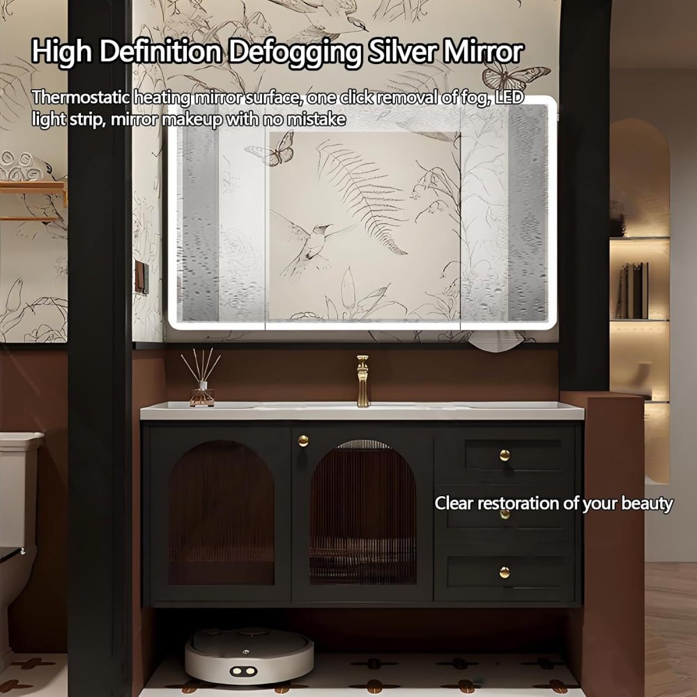46IN Bathroom Vanity with Sink - Industrial Style Single Floating Sink Cabinet, Bathroom Vanity Cabinet with Smart Defogger Mirror & Seamless Sink, Storage Space - Easy to Install, Style C