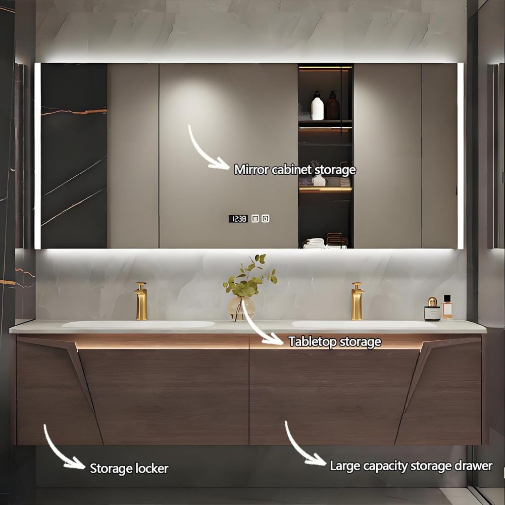 Bathroom Vanity with Sink - Solid Wood Double Floating Sink Design, Bathroom Vanity Cabinet with Smart Defogging Mirror & Storage, Burning Stone Sink - Easy to Install