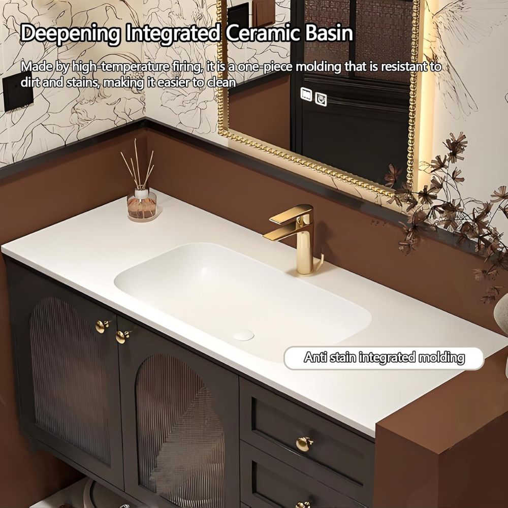 46IN Bathroom Vanity with Sink - Industrial Style Single Floating Sink Cabinet, Bathroom Vanity Cabinet with Smart Defogger Mirror & Seamless Sink, Storage Space - Easy to Install, Style C