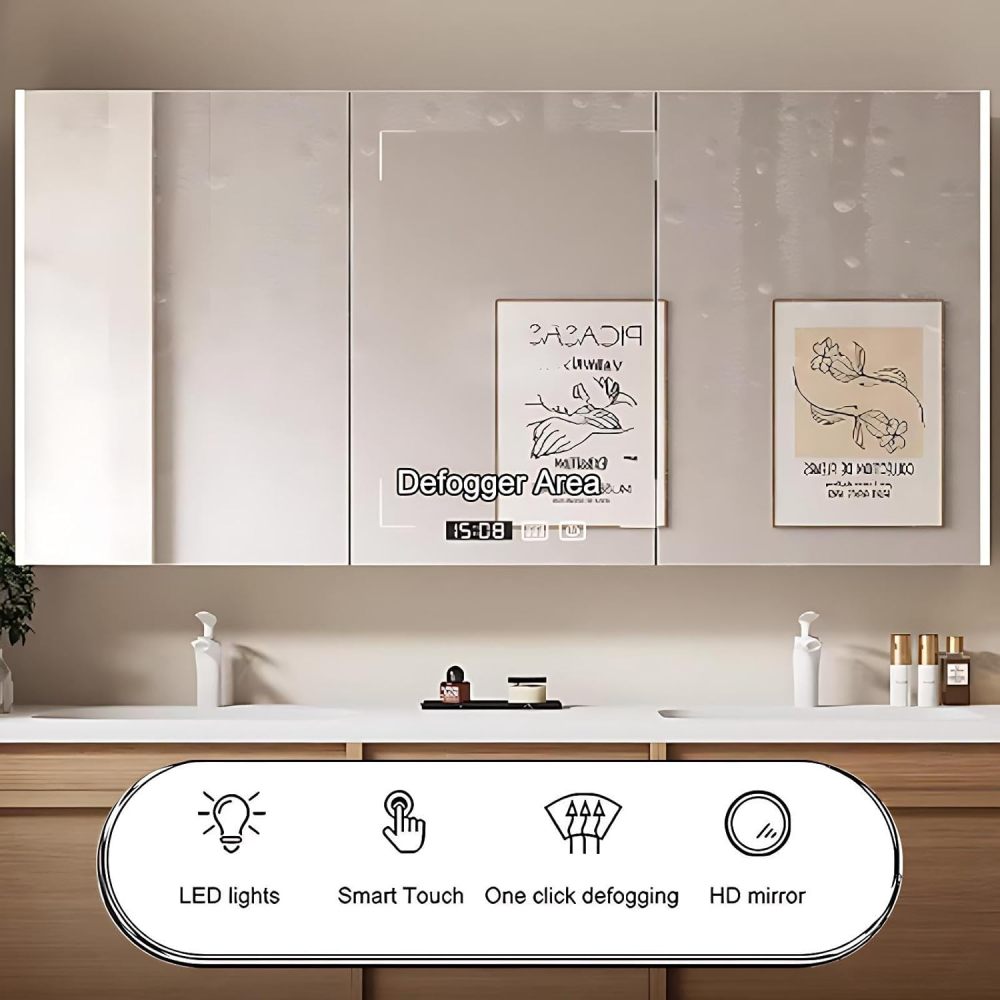 80IN Double Sink Bathroom Vanity - Bathroom Vanity with Anti-Fog Mirror Cabinet, One-Touch Defog, Solid Wood Bathroom Sink Cabinet with Multiple Storage Areas, No Assembly Required, Wood - B