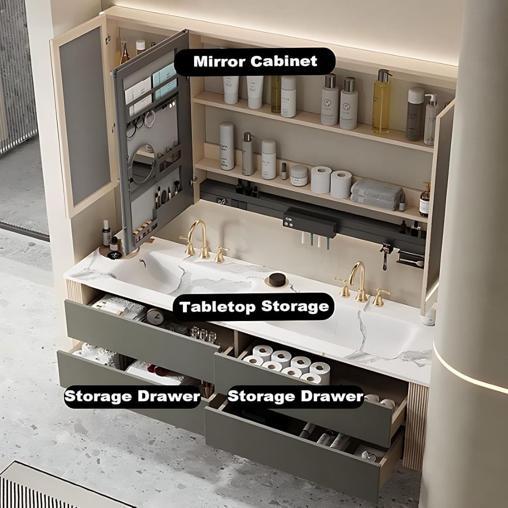 62IN Modern Bathroom Vanity with Sink - Double Floating Sink Design, Wall-Mounted Bathroom Vanity Cabinet with Intelligent Defogging Mirror, Solid Wood - Customizable Size, Mirror Cabinet