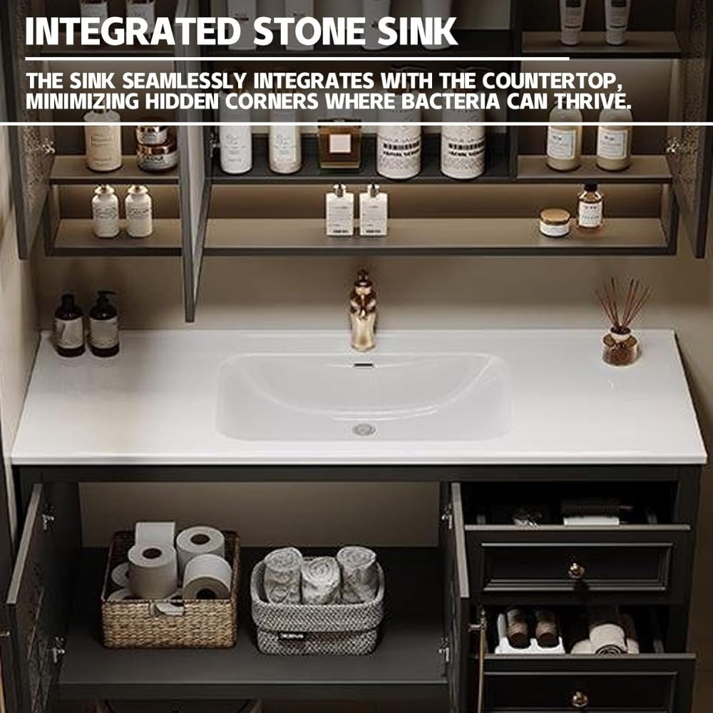 62IN kmnub Modern Solid Wood Bathroom Vanity with Sink - Stylish Bathroom Vanity Cabinet with Smart Anti-Fog Mirror, Spacious Storage & Customizable Sizes for Bathroom Renovation, WHITE MIRROR CABINET