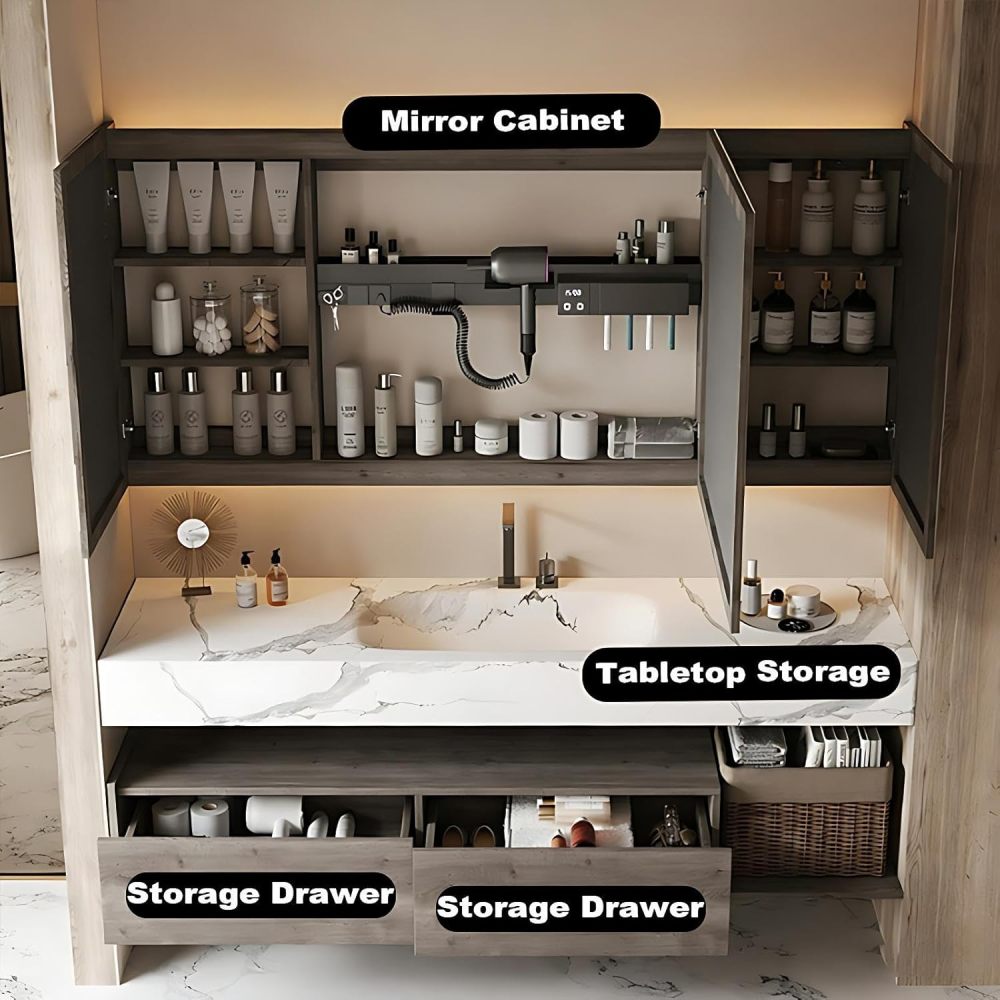 70IN Bathroom Vanity with Sink - Bathroom Vanity with Intelligent Defogging Mirror, Single Floating Sink Design, Multi-Layer Solid Wood, Large Drawer Storage, Customizable Size, Mirror Cabinet