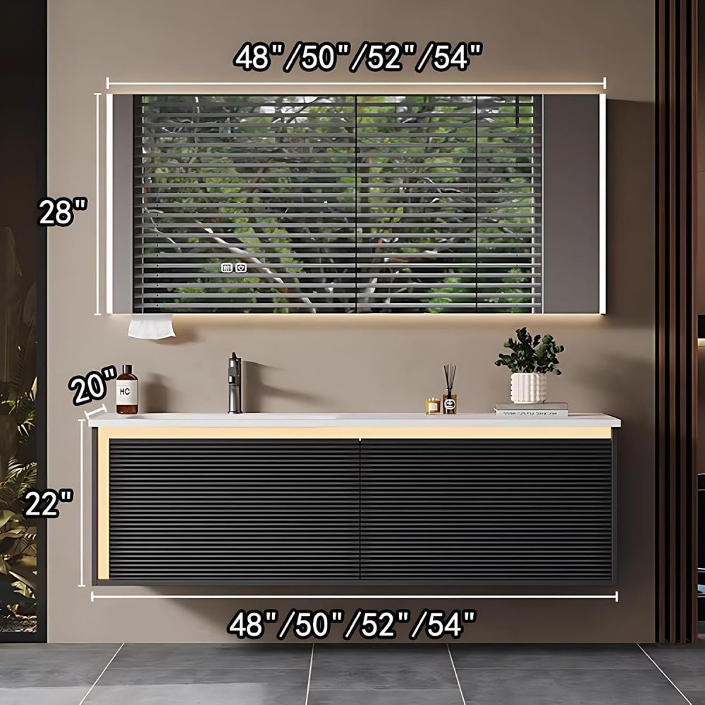 52IN Bathroom Vanity with Sink - Bathroom Vanity with Anti-Fog Mirror Cabinet, One-Touch Defog & Lighting, Floating Sink Cabinet with 2 Drawers, No Assembly Required, Black