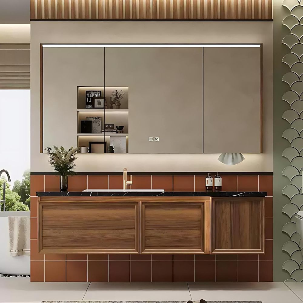 100IN Bathroom Vanity with Sink - Solid Wood Bathroom Vanity Cabinet with Smart Defog Mirror, Single Floating Sink, Waterproof, Customizable Size - Complete Accessories, Mirror Cabinet Brown