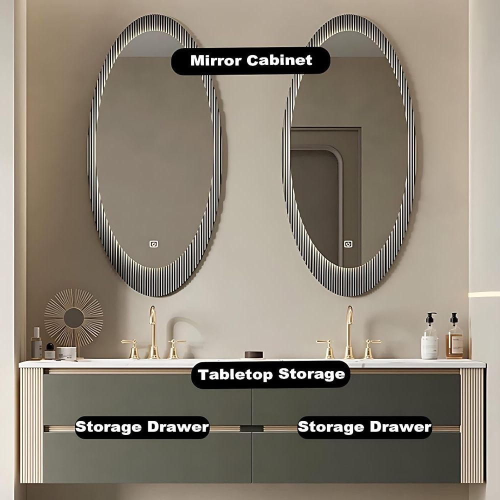 78IN Modern Bathroom Vanity with Sink - Double Floating Sink Design, Wall-Mounted Bathroom Vanity Cabinet with Intelligent Defogging Mirror, Solid Wood - Customizable Size, Double Mirror