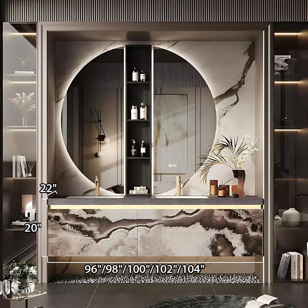 96IN Bathroom Vanity with Sink - Double Floating Sink, Solid Wood Bathroom Vanity Cabinet with Motion Sensor Light&Smart Anti-Fog Mirror, Customizable - Complete Accessories, Style A