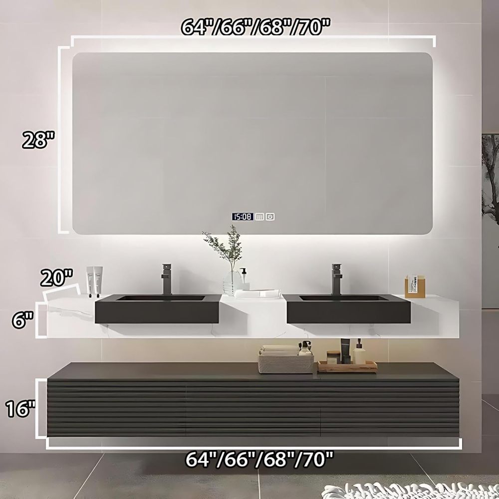 68IN Bathroom Vanity with Sink - Modern Bathroom Sink Cabinet with Drawers &Smart Defog Mirror, Double Floating Sink Design, Multi-Layer Solid Wood - Complete Accessories, Mirror
