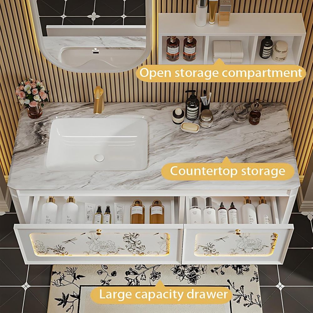 54IN Bathroom Vanity with Sink - Wall-Mounted Bathroom Sink Cabinet with Motion Sensor Light, Smart Anti-Fog Mirror, Water Proof, Customizable Size - Complete Accessories, White