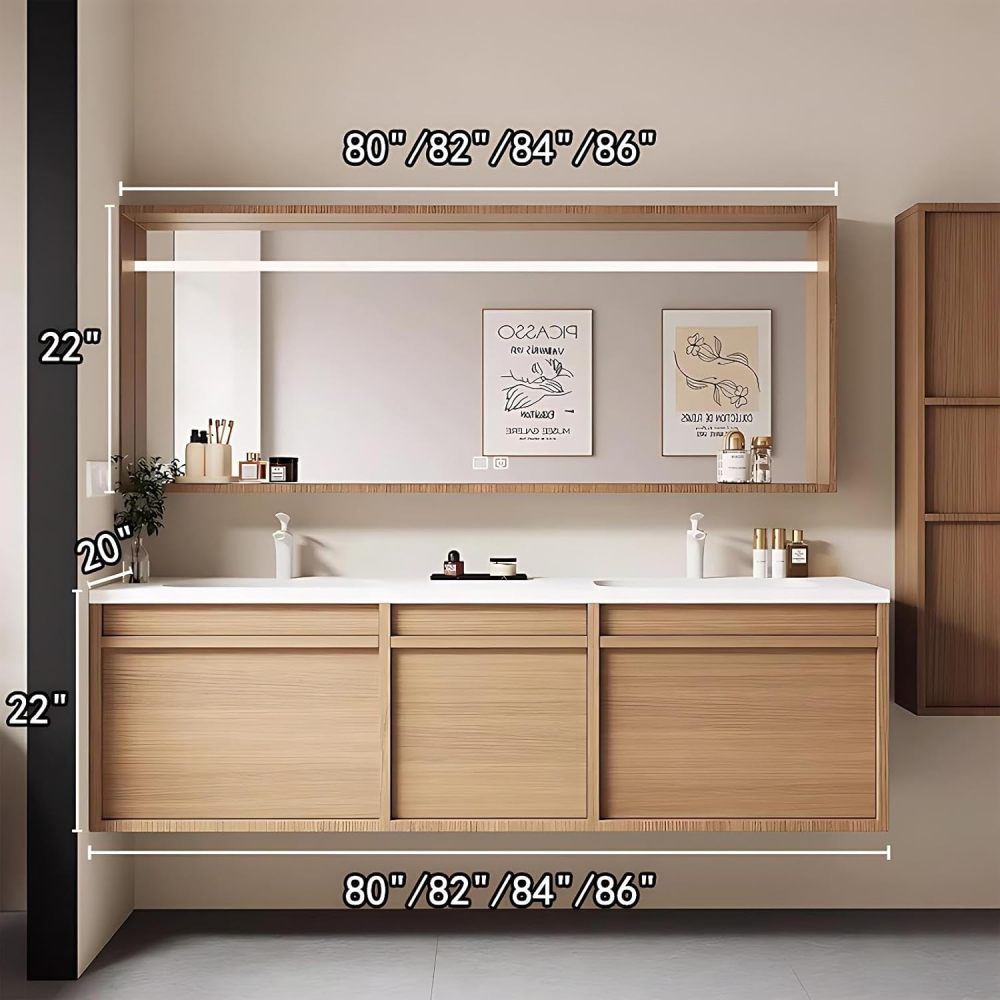 80IN Double Sink Bathroom Vanity - Bathroom Vanity with Anti-Fog Mirror Cabinet, One-Touch Defog, Solid Wood Bathroom Sink Cabinet with Multiple Storage Areas, No Assembly Required, Wood - B