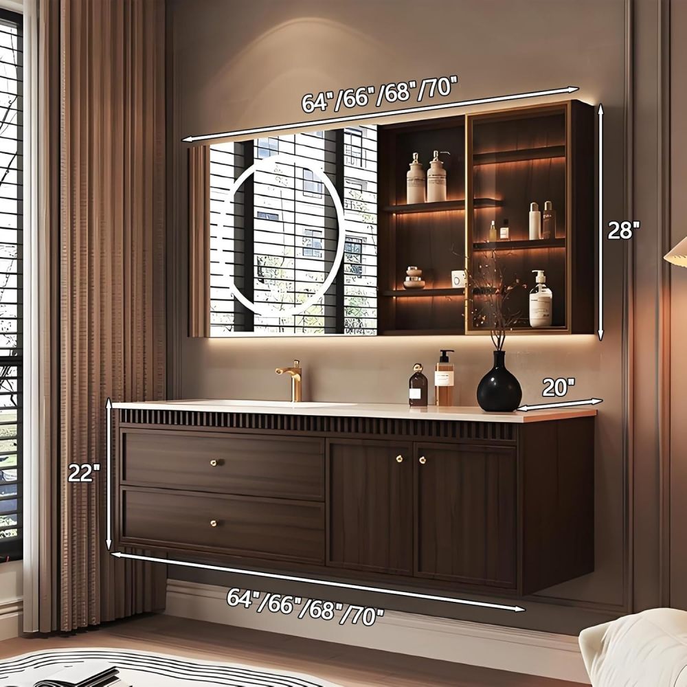 66IN Bathroom Vanity with Sink - Freestanding Single Floating Sink Design, Bathroom Vanity Cabinet with Smart Defog Mirror & Storage Solution,Solid Wood - Easy to Install, Brown