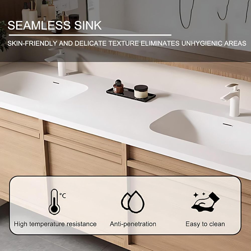 80IN Double Sink Bathroom Vanity - Bathroom Vanity with Anti-Fog Mirror Cabinet, One-Touch Defog, Solid Wood Bathroom Sink Cabinet with Multiple Storage Areas, No Assembly Required, Wood - B