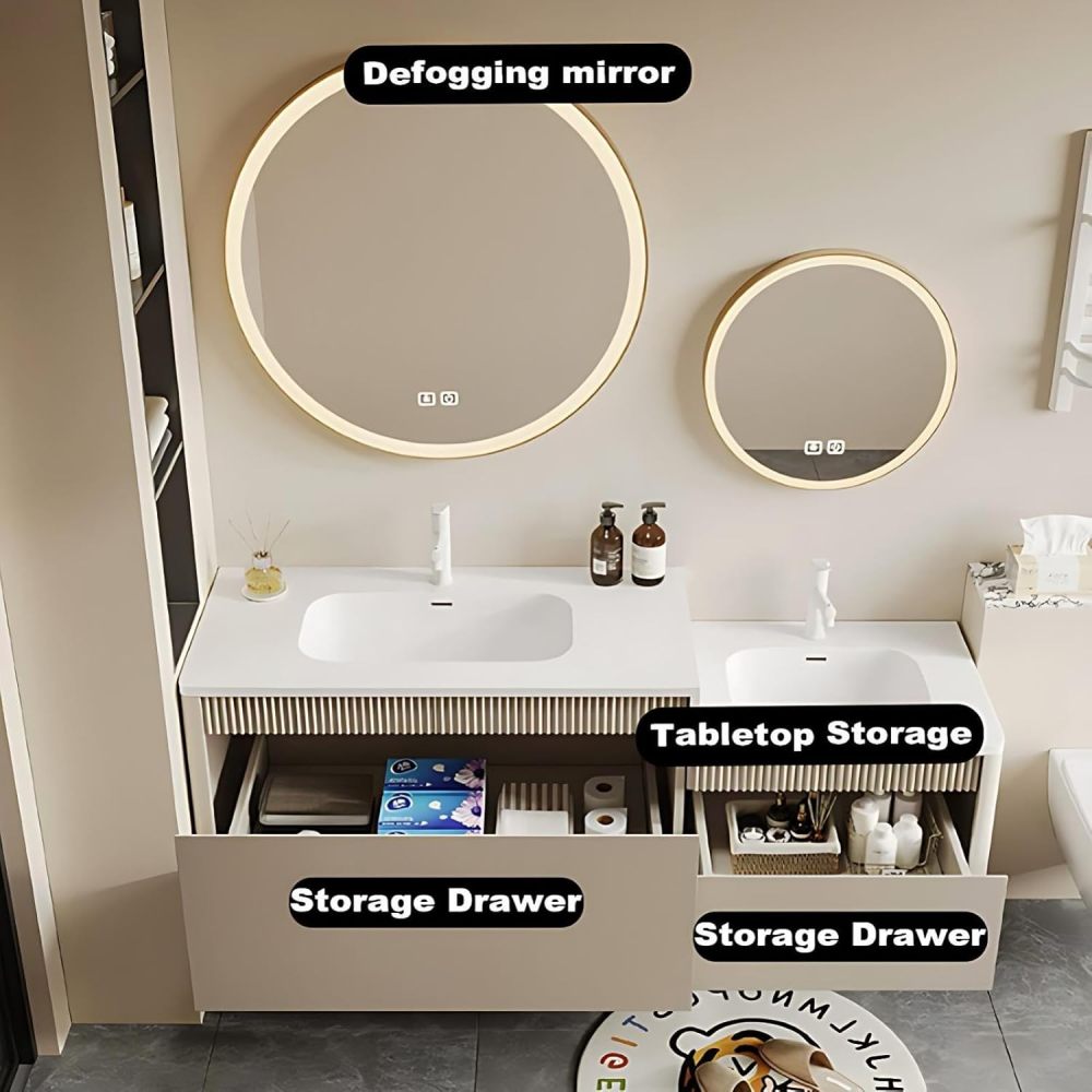 102IN Modern Bathroom Vanity with Sink - Luxury Double Floating Sink Design, Bathroom Vanity with Intelligent Defogging Mirror, Large Drawer Storage, Solid Wood - Customizable Size, White