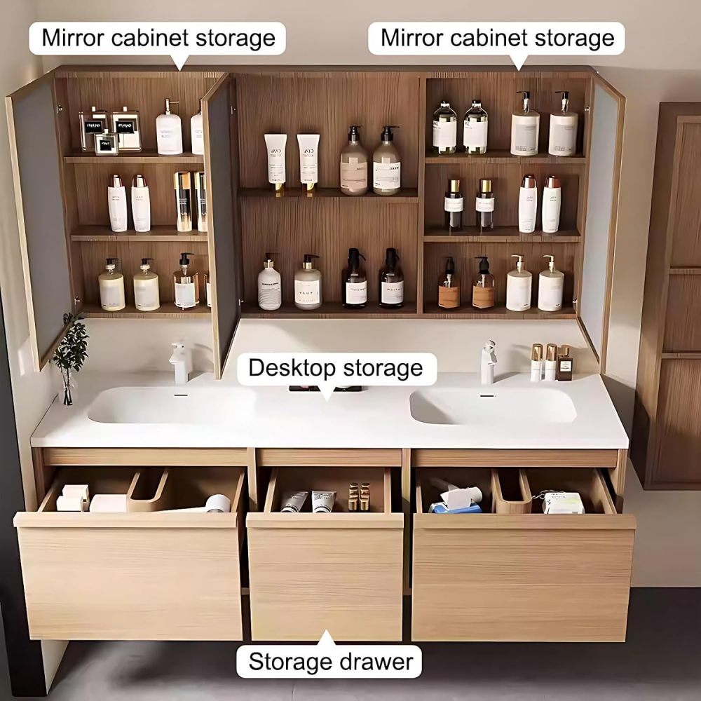 80IN Double Sink Bathroom Vanity - Bathroom Vanity with Anti-Fog Mirror Cabinet, One-Touch Defog, Solid Wood Bathroom Sink Cabinet with Multiple Storage Areas, No Assembly Required, Wood - B