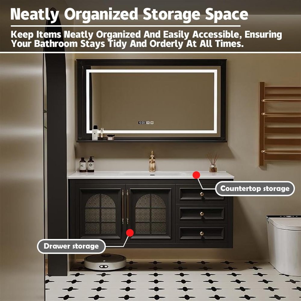 62IN kmnub Modern Solid Wood Bathroom Vanity with Sink - Stylish Bathroom Vanity Cabinet with Smart Anti-Fog Mirror, Spacious Storage & Customizable Sizes for Bathroom Renovation, WHITE MIRROR CABINET