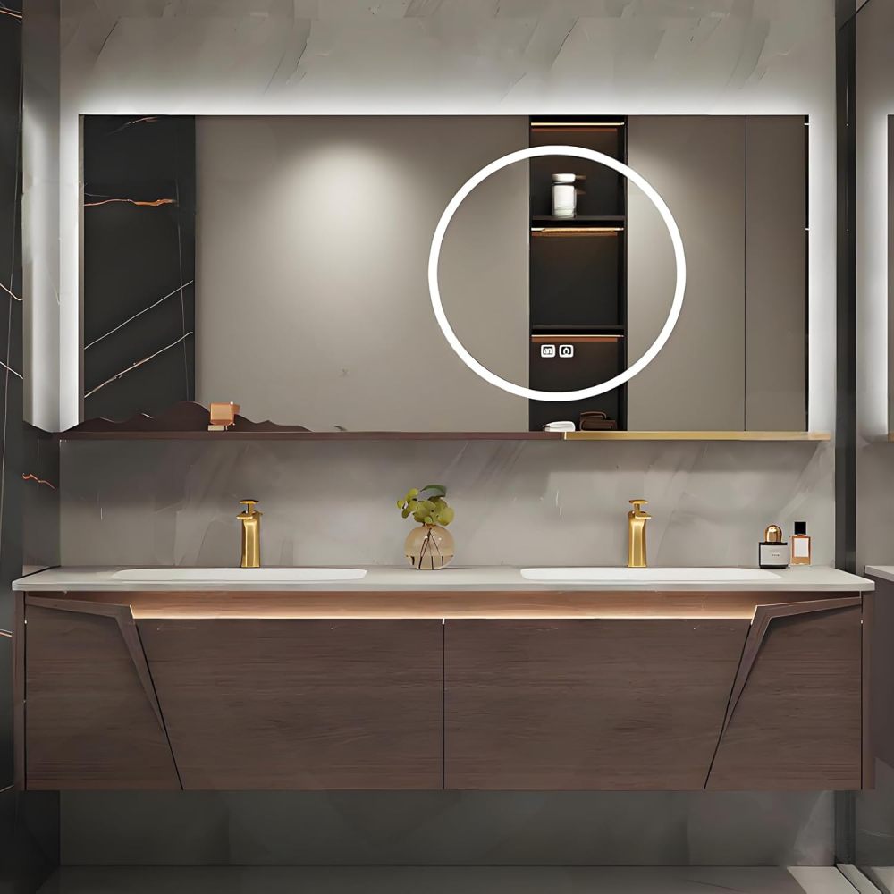 Bathroom Vanity with Sink - Solid Wood Double Floating Sink Design, Bathroom Vanity Cabinet with Smart Defogging Mirror & Storage, Burning Stone Sink - Easy to Install