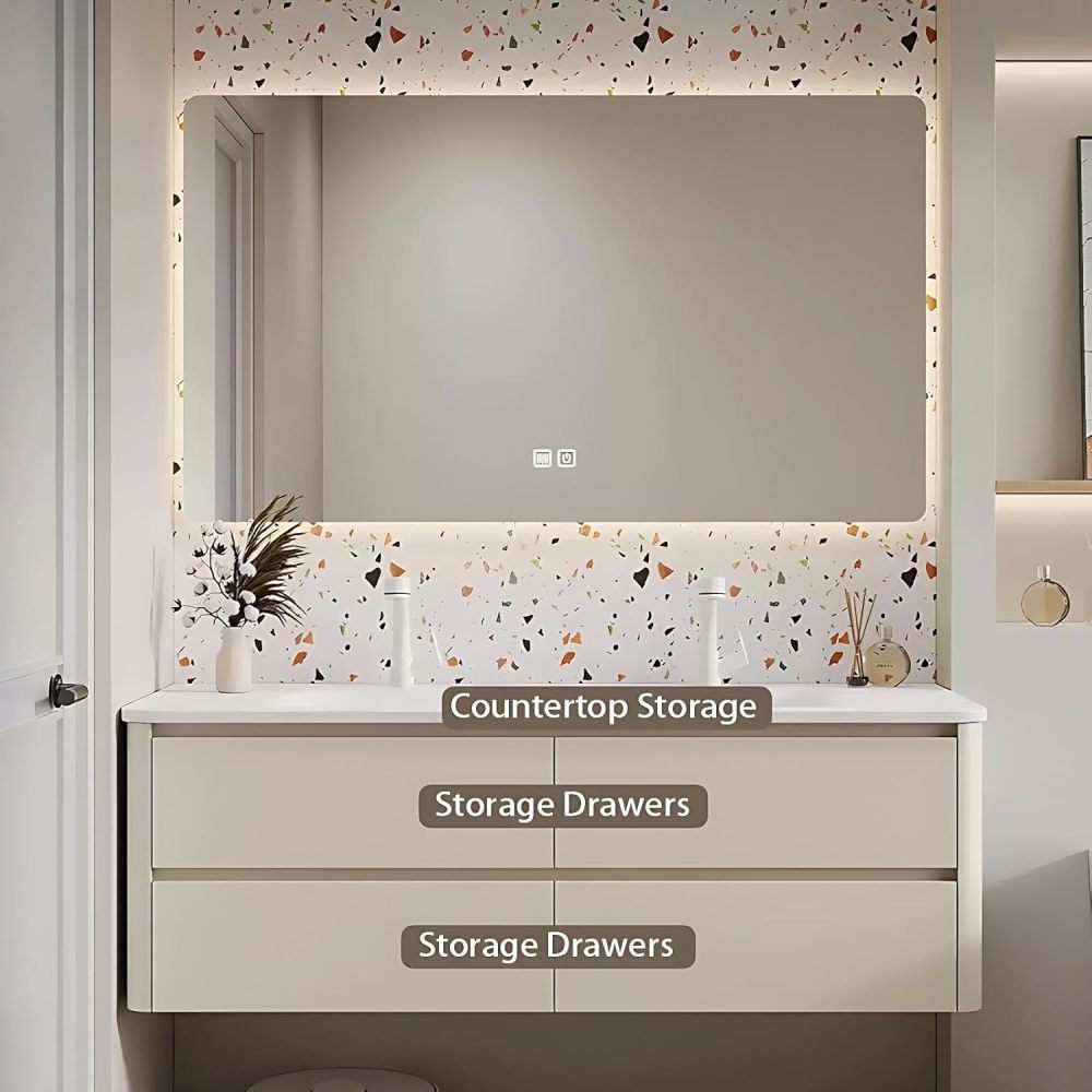 92IN Bathroom Vanity with Sink - Double Floating Sink with Smart Anti-Fog Mirror, Bathroom Vanity Cabinet, Large Storage Space, Customizable Size - Complete Accessories, Mirror Yellow