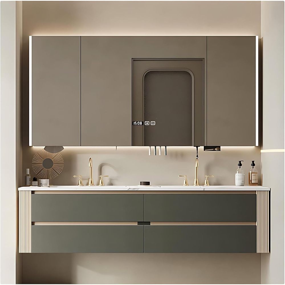 62IN Modern Bathroom Vanity with Sink - Double Floating Sink Design, Wall-Mounted Bathroom Vanity Cabinet with Intelligent Defogging Mirror, Solid Wood - Customizable Size, Mirror Cabinet