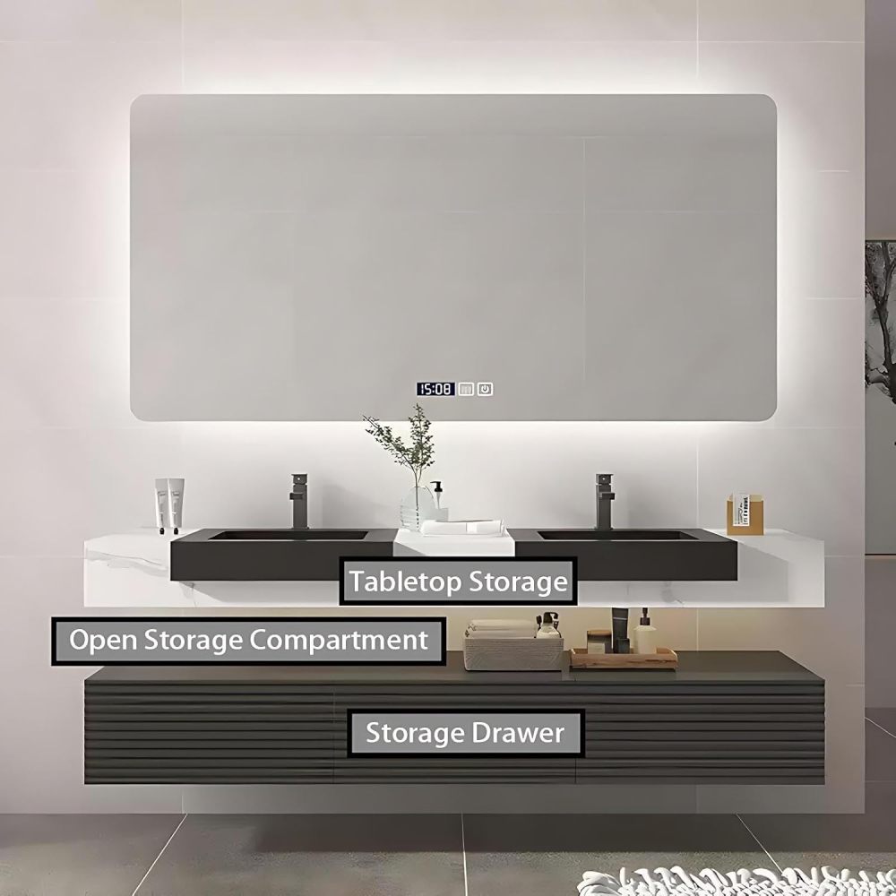 68IN Bathroom Vanity with Sink - Modern Bathroom Sink Cabinet with Drawers &Smart Defog Mirror, Double Floating Sink Design, Multi-Layer Solid Wood - Complete Accessories, Mirror