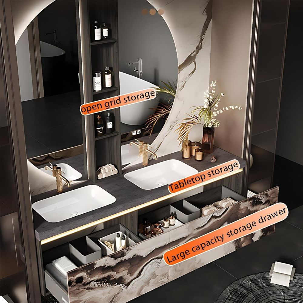 96IN Bathroom Vanity with Sink - Double Floating Sink, Solid Wood Bathroom Vanity Cabinet with Motion Sensor Light&Smart Anti-Fog Mirror, Customizable - Complete Accessories, Style A