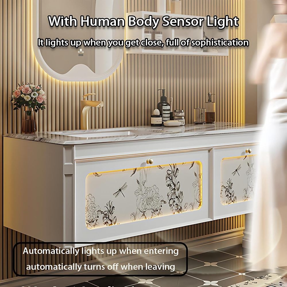 54IN Bathroom Vanity with Sink - Wall-Mounted Bathroom Sink Cabinet with Motion Sensor Light, Smart Anti-Fog Mirror, Water Proof, Customizable Size - Complete Accessories, White