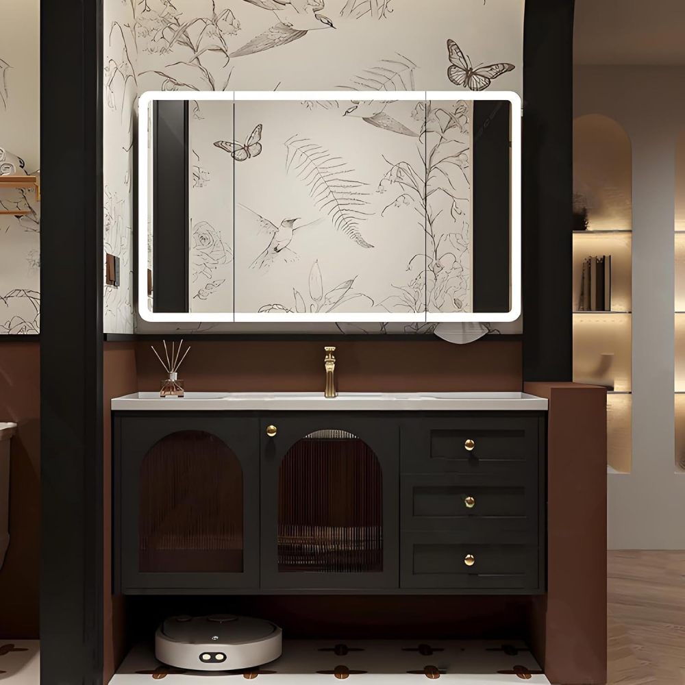 46IN Bathroom Vanity with Sink - Industrial Style Single Floating Sink Cabinet, Bathroom Vanity Cabinet with Smart Defogger Mirror & Seamless Sink, Storage Space - Easy to Install, Style C