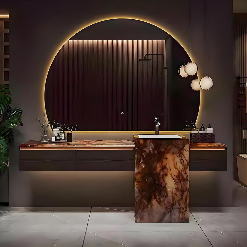 54IN Bathroom Vanity with Sink - Modern Pedestal Sink Cabinet with Drawers, Floor Bathroom Vanity with Smart Defogger Mirror, Motion Sensor Light - Complete Accessories