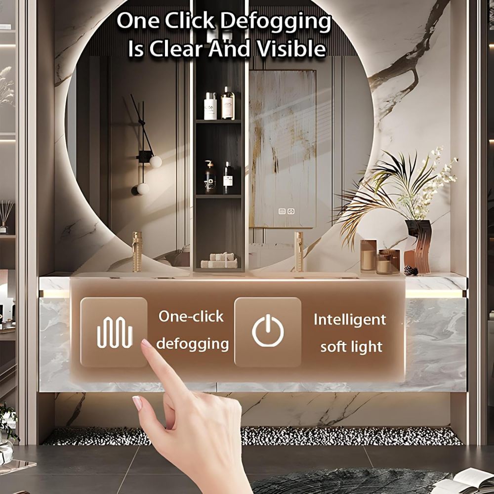 96IN Bathroom Vanity with Sink - Double Floating Sink, Solid Wood Bathroom Vanity Cabinet with Motion Sensor Light&Smart Anti-Fog Mirror, Customizable - Complete Accessories, Style A