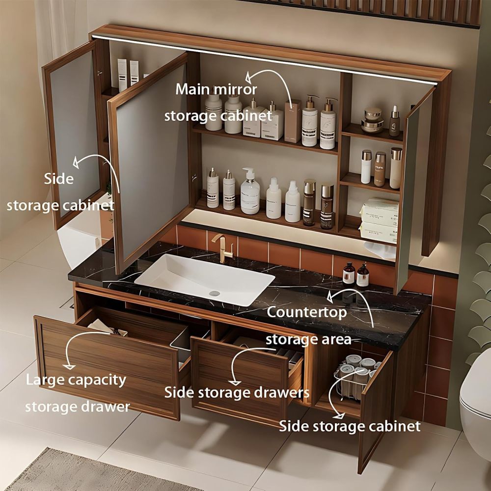 100IN Bathroom Vanity with Sink - Solid Wood Bathroom Vanity Cabinet with Smart Defog Mirror, Single Floating Sink, Waterproof, Customizable Size - Complete Accessories, Mirror Cabinet Brown