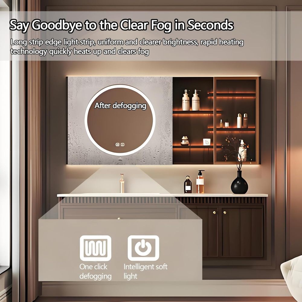 66IN Bathroom Vanity with Sink - Freestanding Single Floating Sink Design, Bathroom Vanity Cabinet with Smart Defog Mirror & Storage Solution,Solid Wood - Easy to Install, Brown
