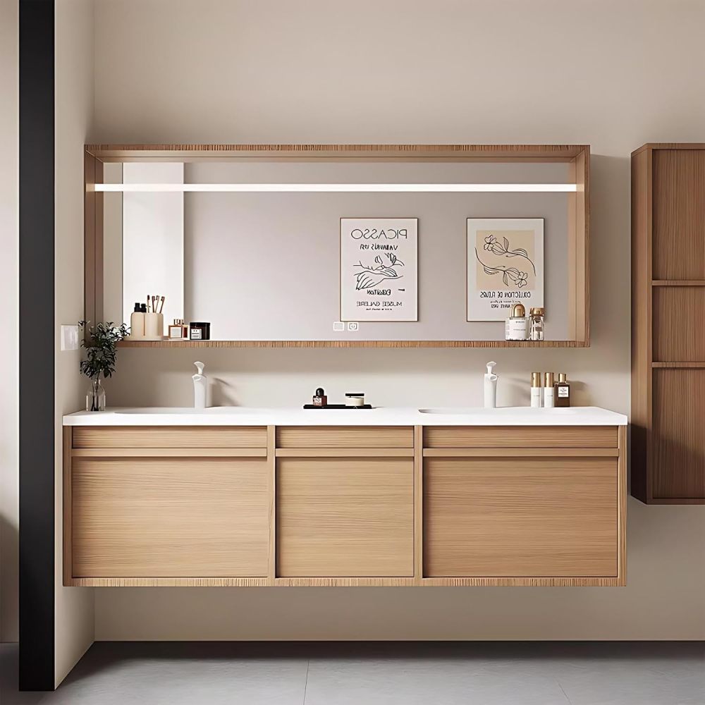 80IN Double Sink Bathroom Vanity - Bathroom Vanity with Anti-Fog Mirror Cabinet, One-Touch Defog, Solid Wood Bathroom Sink Cabinet with Multiple Storage Areas, No Assembly Required, Wood - B