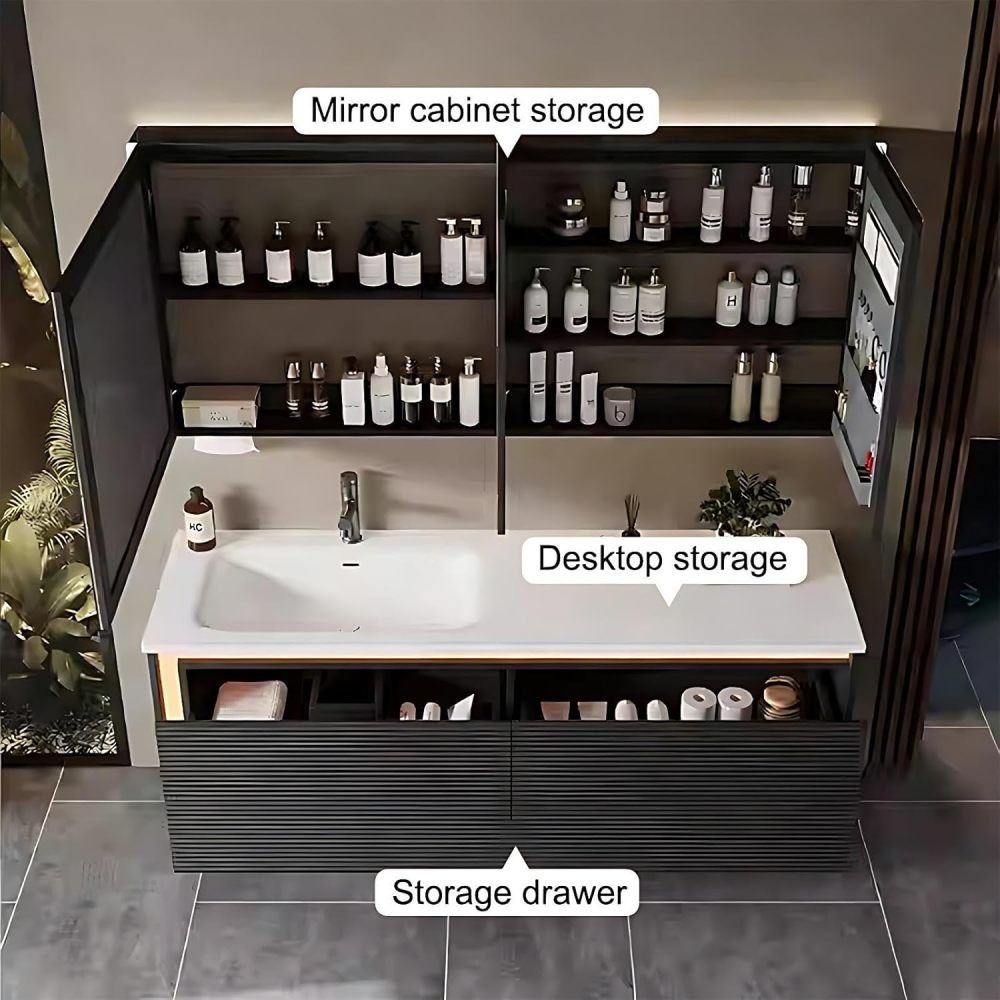52IN Bathroom Vanity with Sink - Bathroom Vanity with Anti-Fog Mirror Cabinet, One-Touch Defog & Lighting, Floating Sink Cabinet with 2 Drawers, No Assembly Required, Black